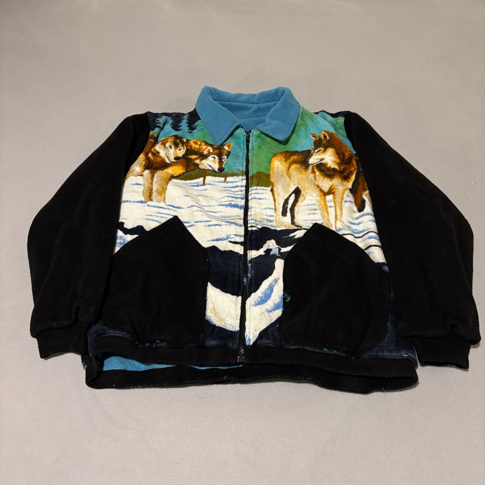Vintage Wolf Nature Print Fleece Jacket Full Zip Mens Large Black Blue Graphic